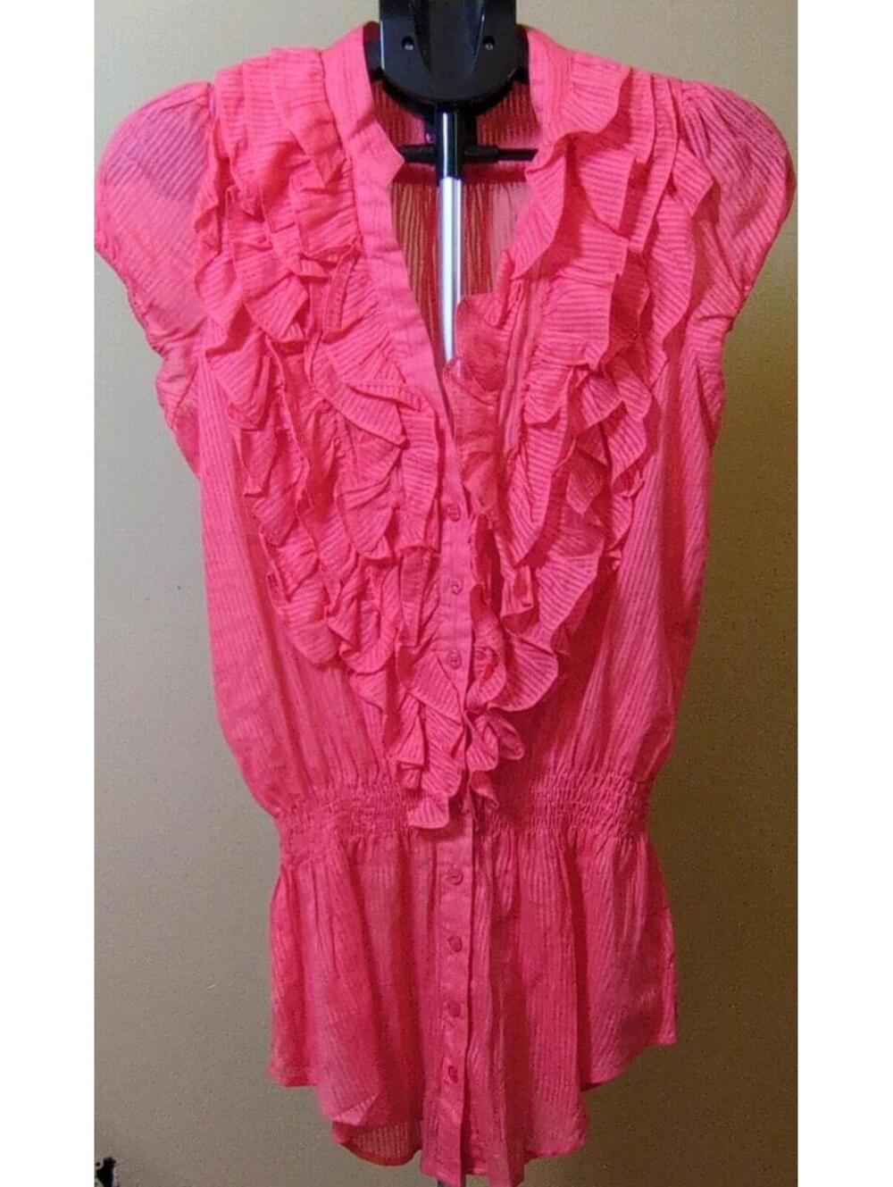 2b bebe Pink Striped Ruffle Button V-Neck Cap Sleeve Tunic Blouse Women's M
